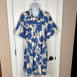 Wenrine Women's Chic Blue Floral Puff Sleeve Button Up Midi Dress Size L NWT